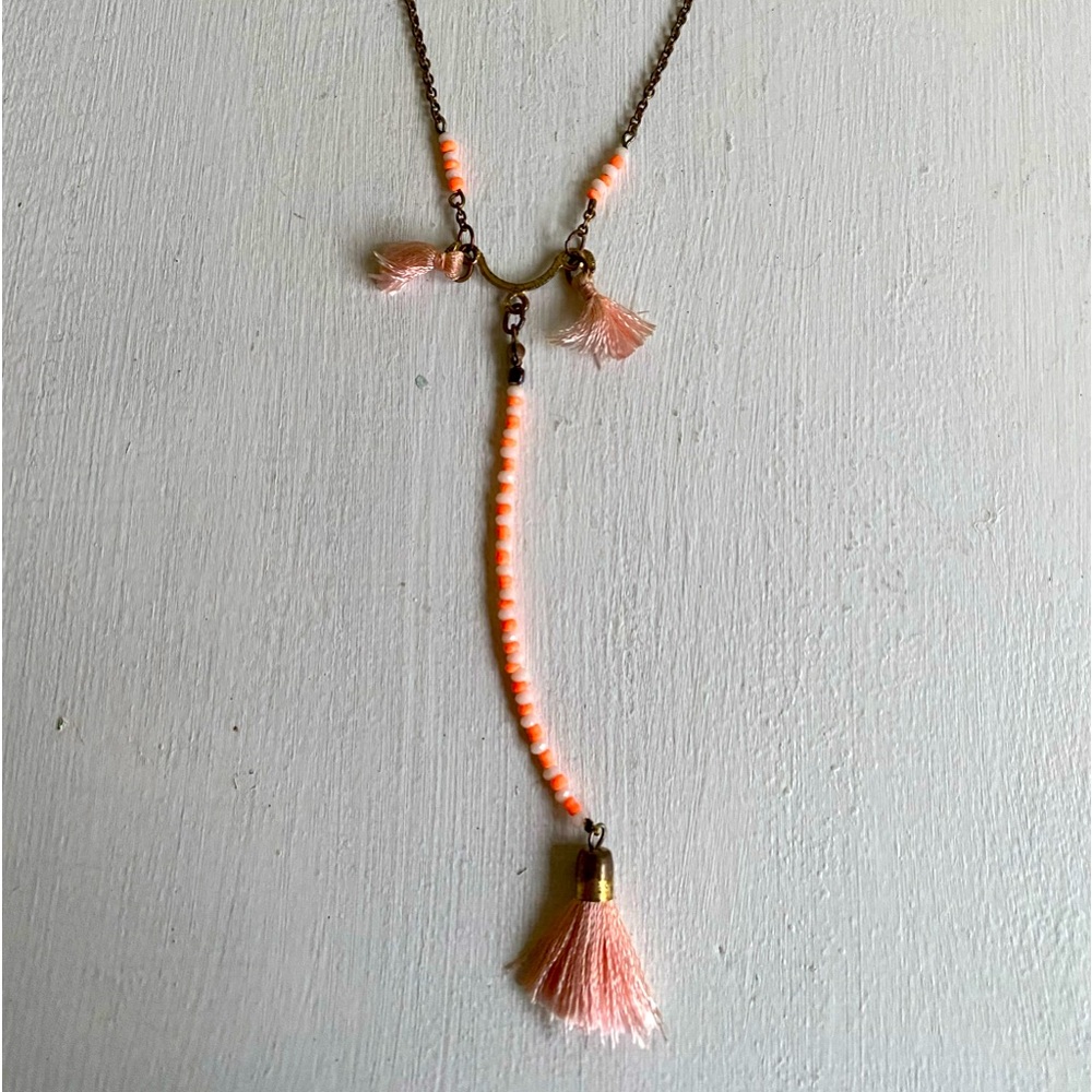 Boho peachy-pink beaded tassel casual to dressy necklace with artsy feel